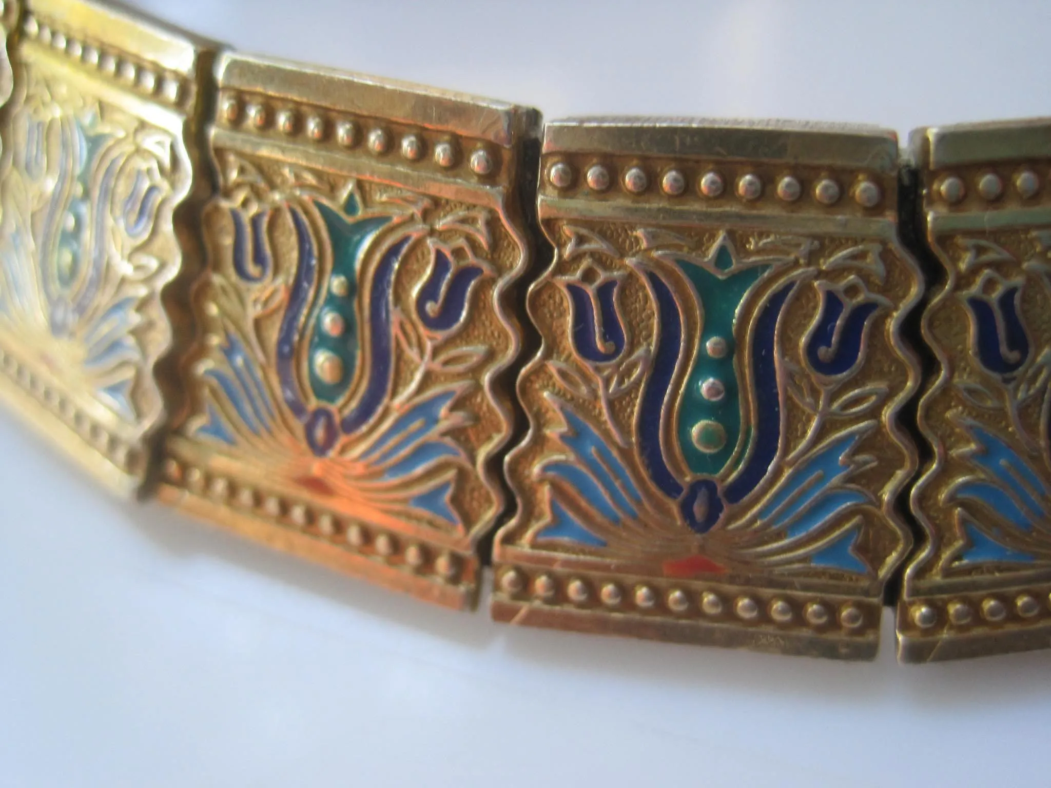 Vintage Caucasian Style Turkish Sterling Silver Gold Gilt and Enamel Tulip Motif Bracelet