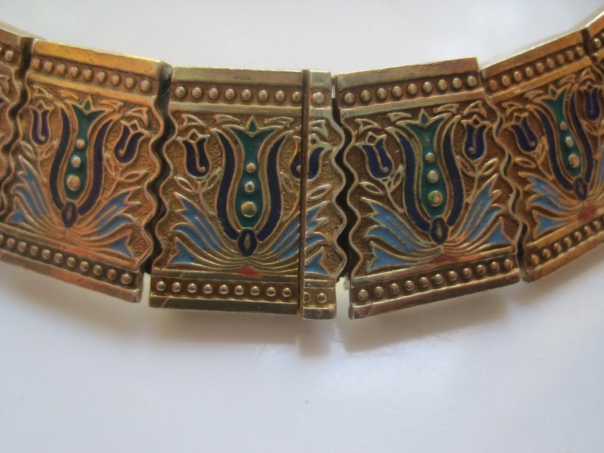 Vintage Caucasian Style Turkish Sterling Silver Gold Gilt and Enamel Tulip Motif Bracelet
