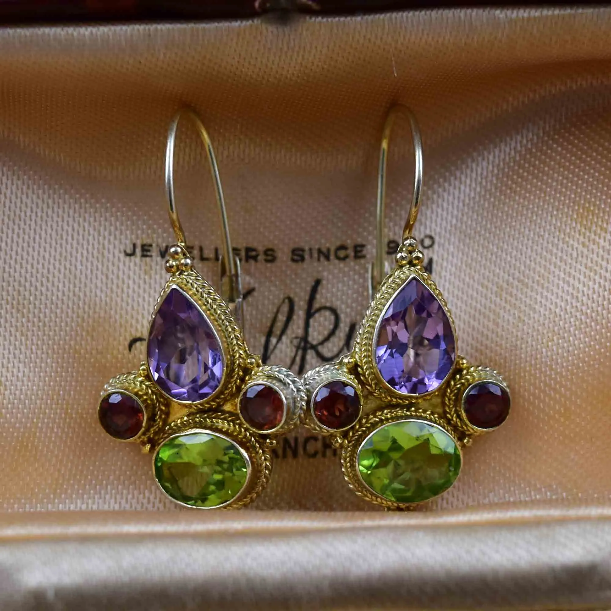 Vintage Garnet Amethyst Peridot Drop Earrings