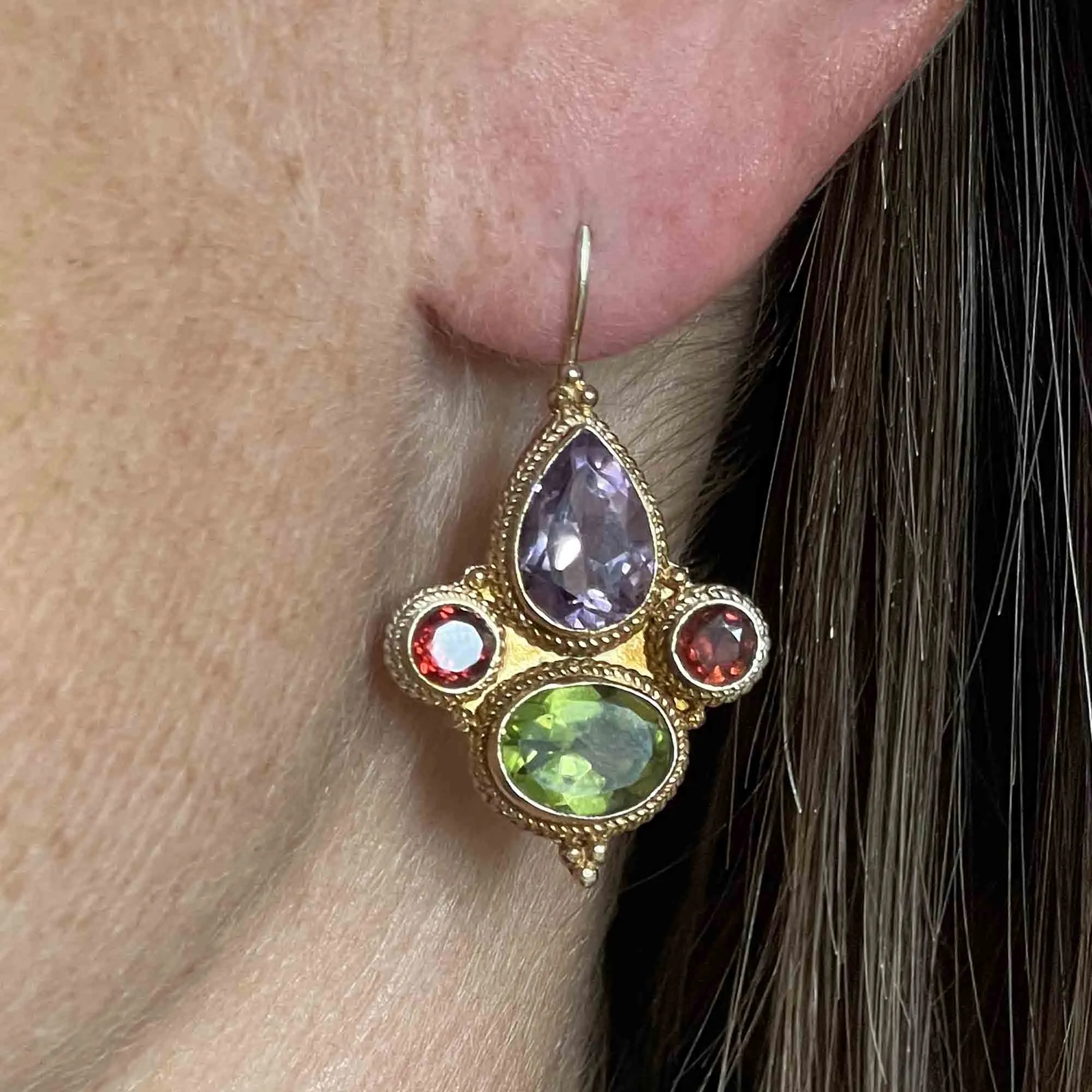 Vintage Garnet Amethyst Peridot Drop Earrings