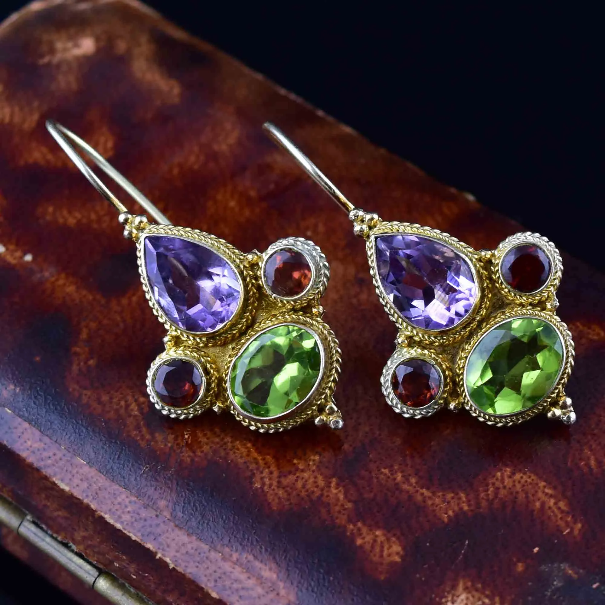Vintage Garnet Amethyst Peridot Drop Earrings