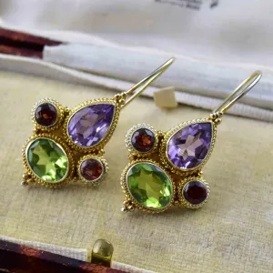 Vintage Garnet Amethyst Peridot Drop Earrings