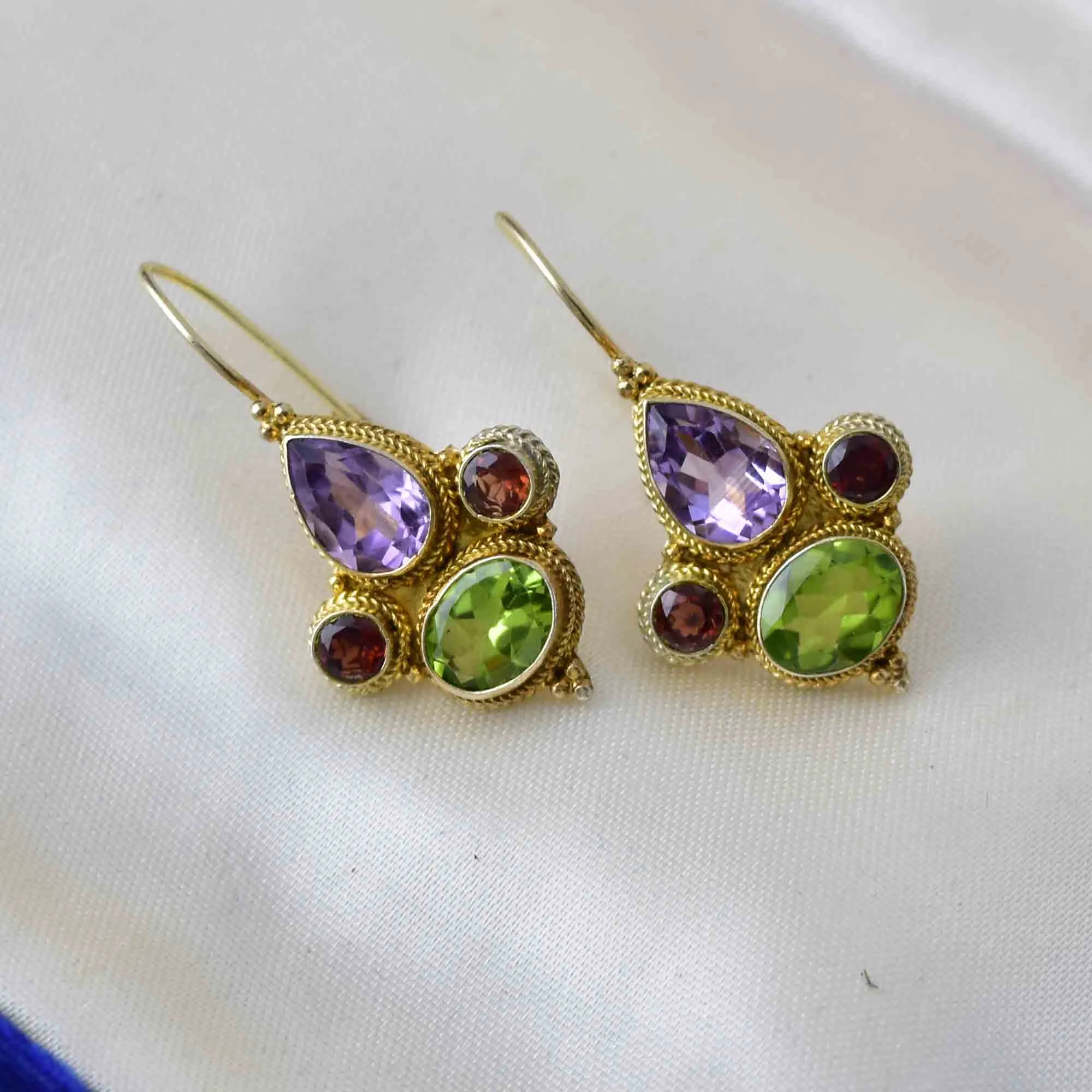 Vintage Garnet Amethyst Peridot Drop Earrings