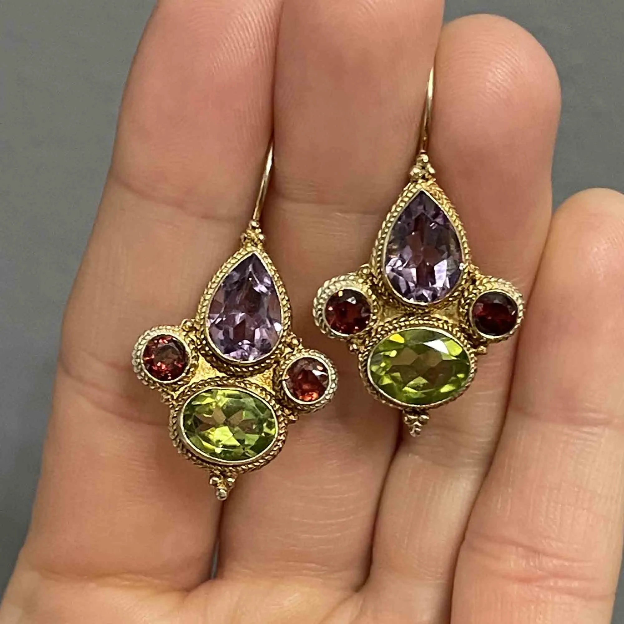 Vintage Garnet Amethyst Peridot Drop Earrings