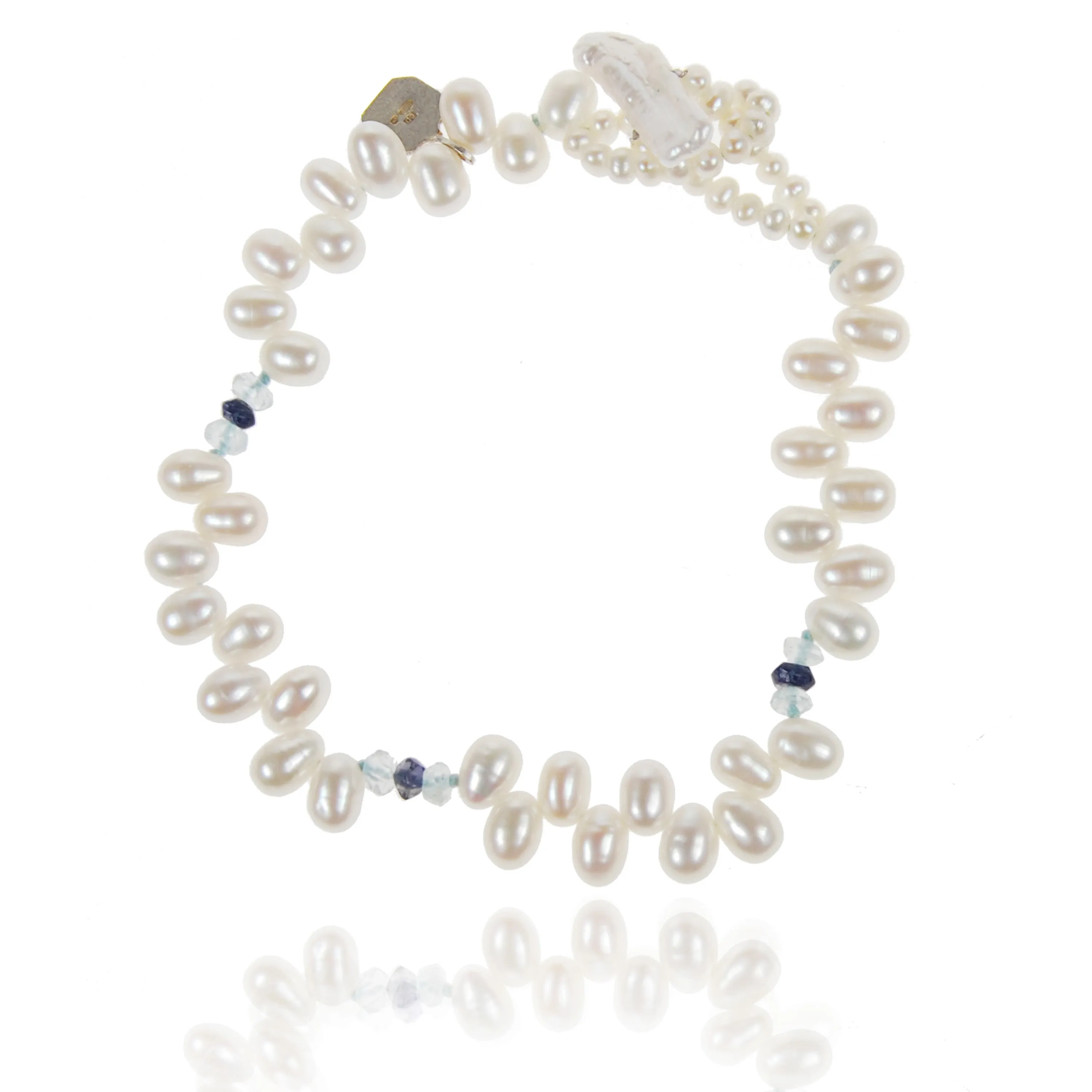 White Freshwater Pearl, Aquamarine & Iolite Droplet Bracelet