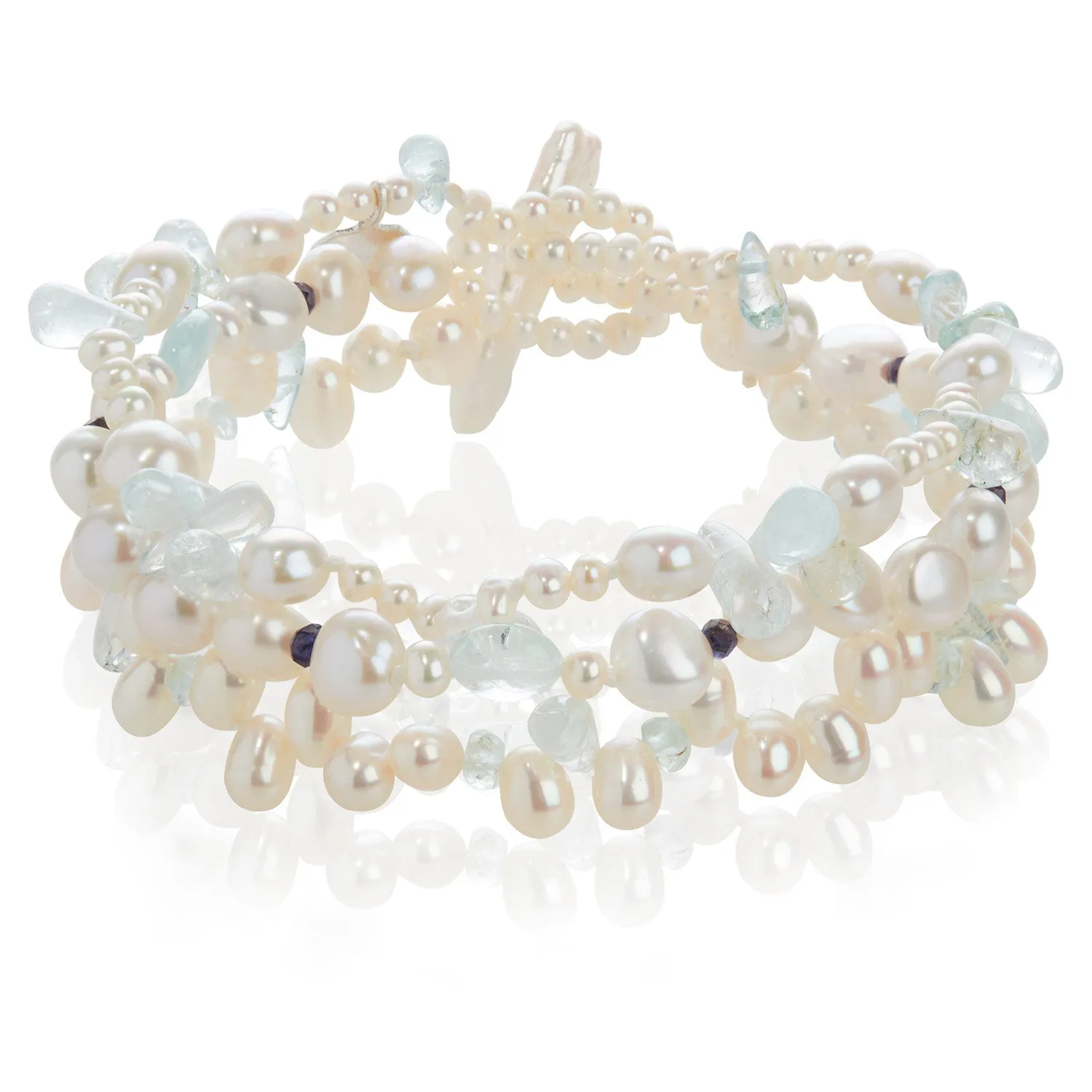 White Freshwater Pearl, Iolite, Aquamarine and Rock Crystal 3 Strand Bracelet