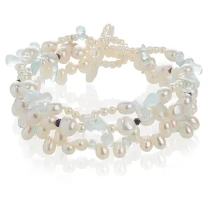 White Freshwater Pearl, Iolite, Aquamarine and Rock Crystal 3 Strand Bracelet