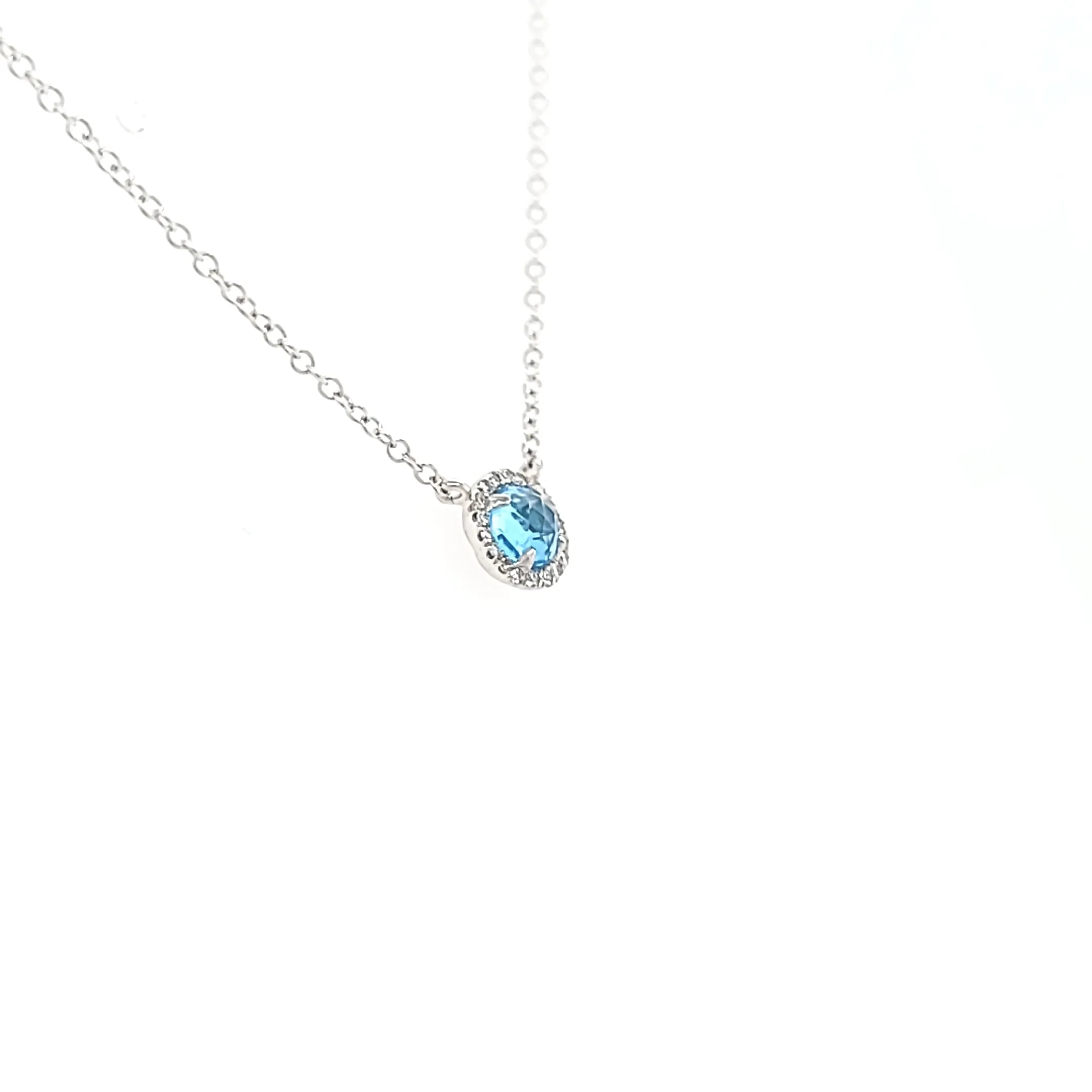 White Gold Blue Topaz Halo Necklace (I6470)